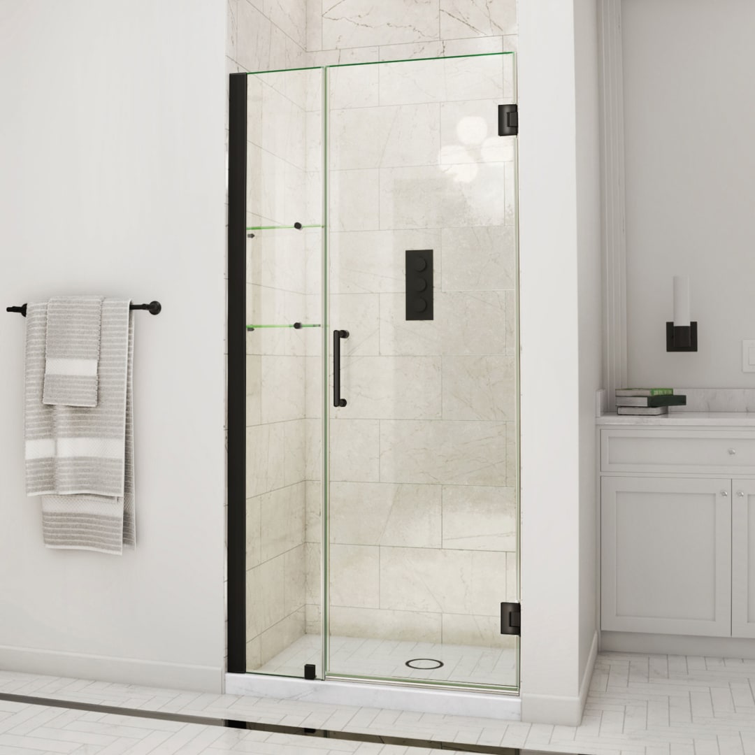 DreamLine Unidoor 38 - 39 inch W x 72 inch H Frameless Hinged Shower Door with Shelves in Matte Black
