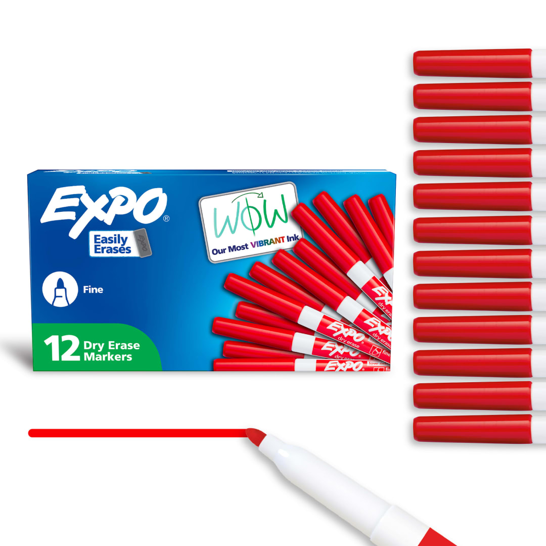 EXPO Dry Erase Markers, Low Odor Ink, Red, Fine Tip, 12 Count