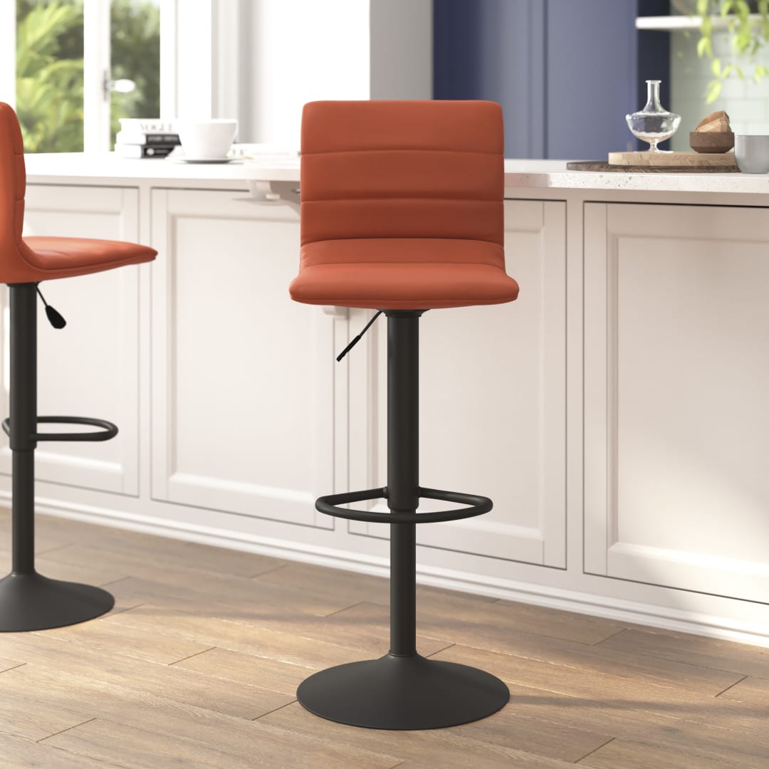 Vincent Modern Cognac Vinyl Adjustable Bar Stool with Back, Swivel Stool with Black Pedestal Base and Footrest