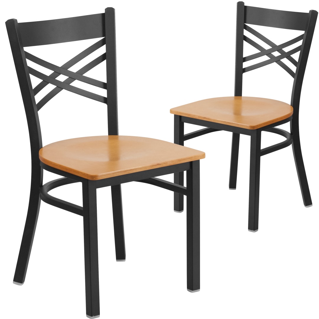 2 Pack HERCULES Series Black ''X'' Back Metal Restaurant Chair - Natural Wood Seat