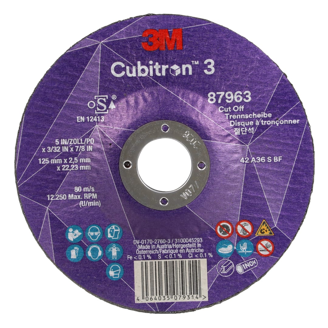 3M™ Cubitron™ 3 Kesme Taşı, 87963, 36+, T42, 125 mm x 2,5 mm x 22,23 mm, EN, 25/Paket, 50 adet/Kutu