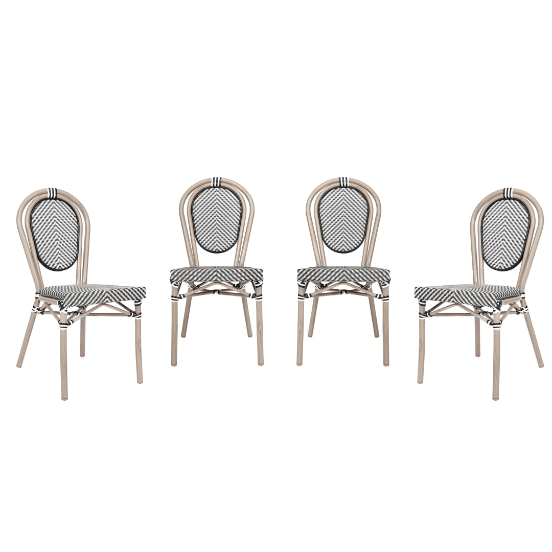4 Pack Marseille Indoor/Outdoor Commercial Thonet Bistro Stacking Chair, Black/White Textilene and Bamboo Print Aluminum Frame in LT Natural