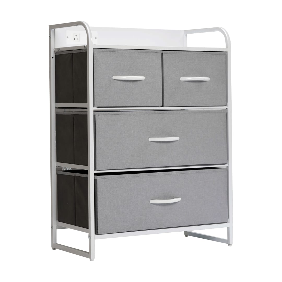 Sodano 4 Drawer Nightstand with Charging Station, 2 USB Ports, 1 Outlet, White Metal Frame, White Engineered Wood Top, Gray Drawers, White Handles