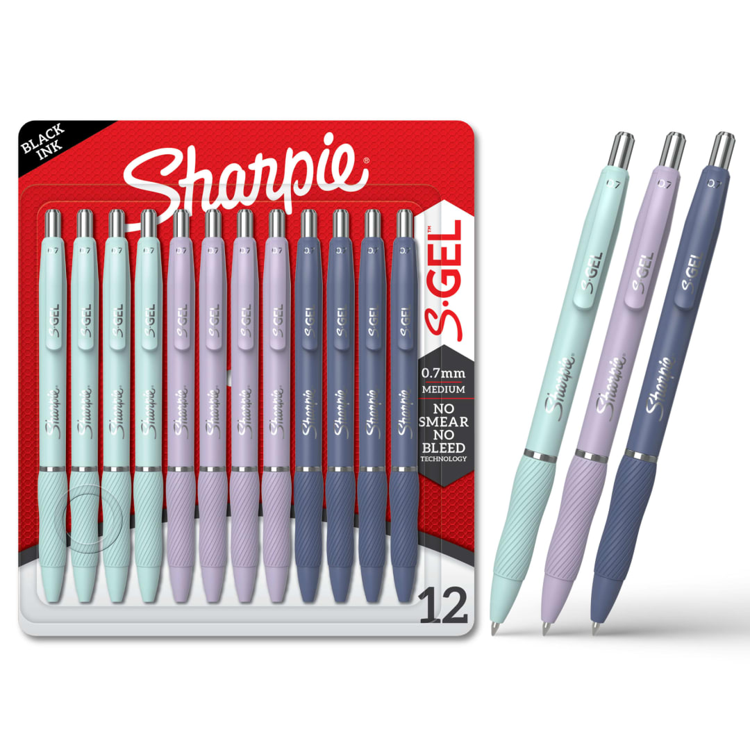 Sharpie® S-Gel, Gel Pens, Medium Point (0.7mm), Assorted Fashion Barrels, Black Ink, 12 Count