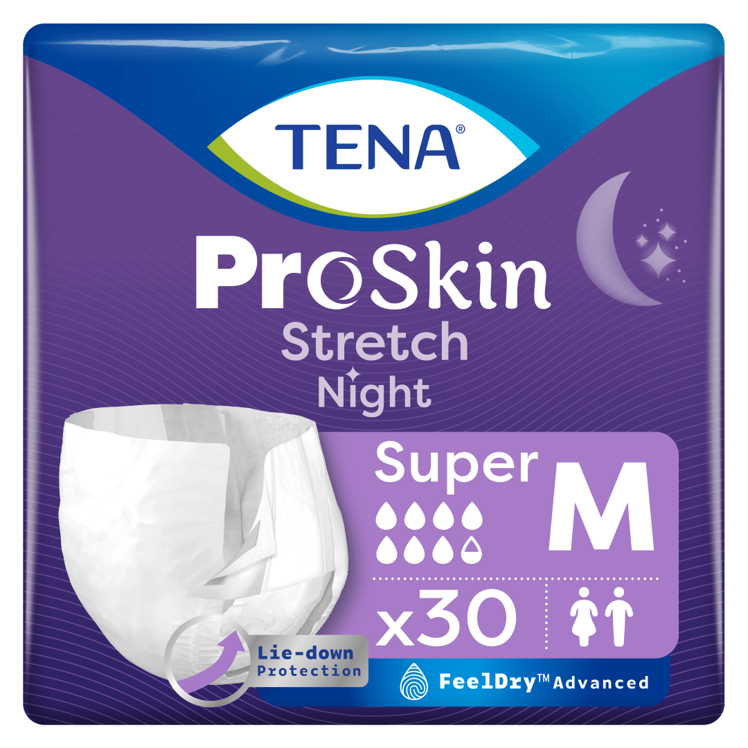 TENA ProSkin Stretch Night Super Incontinence Pull‑Up Briefs for Men &amp; Women, Moderate to Heavy Night‑Time Protection with Lie‑Down Absorption, Easy‑Fit Stretch Tabs - Medium, Pack of 30