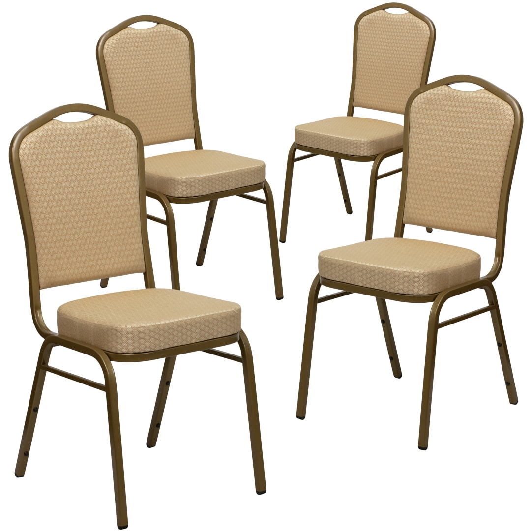 4 Pack HERCULES Series Crown Back Stacking Banquet Chair in Beige Patterned Fabric - Gold Frame