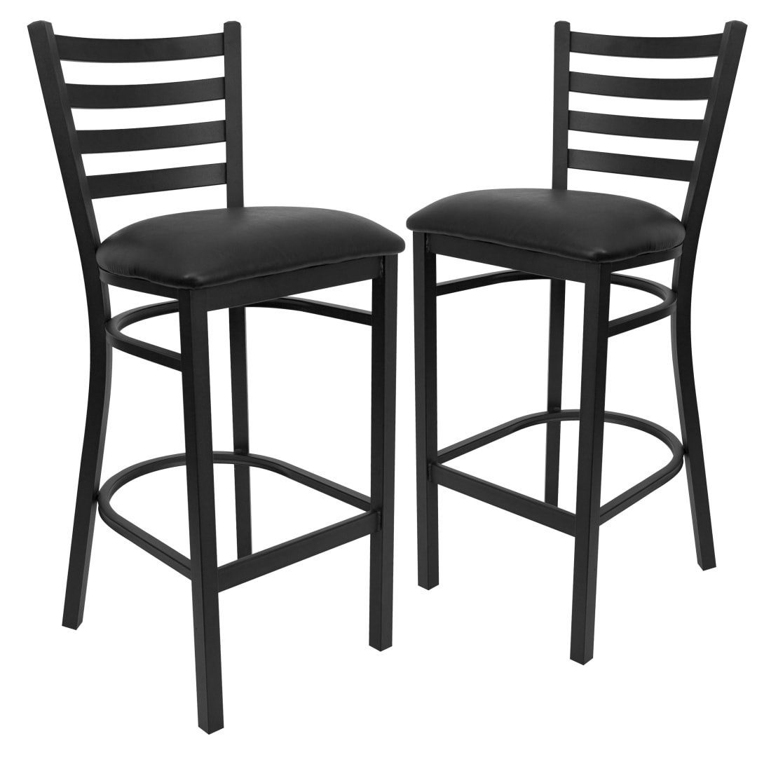 2 Pack HERCULES Series Black Ladder Back Metal Restaurant Barstool - Black Vinyl Seat