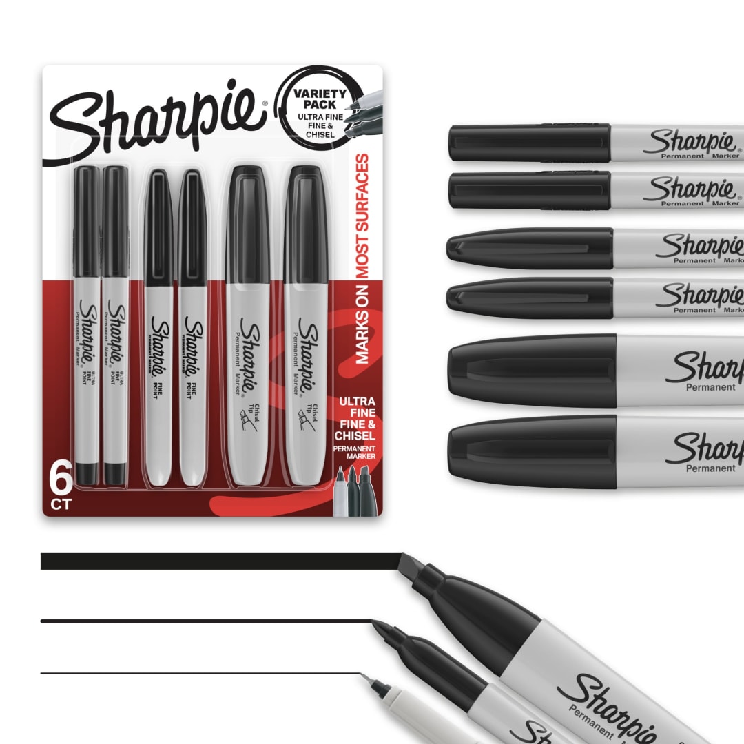 Sharpie® Permanent Markers Variety Pack, Featuring Fine, Ultra-Fine, and Chisel-Point Markers, Black, 6 Count