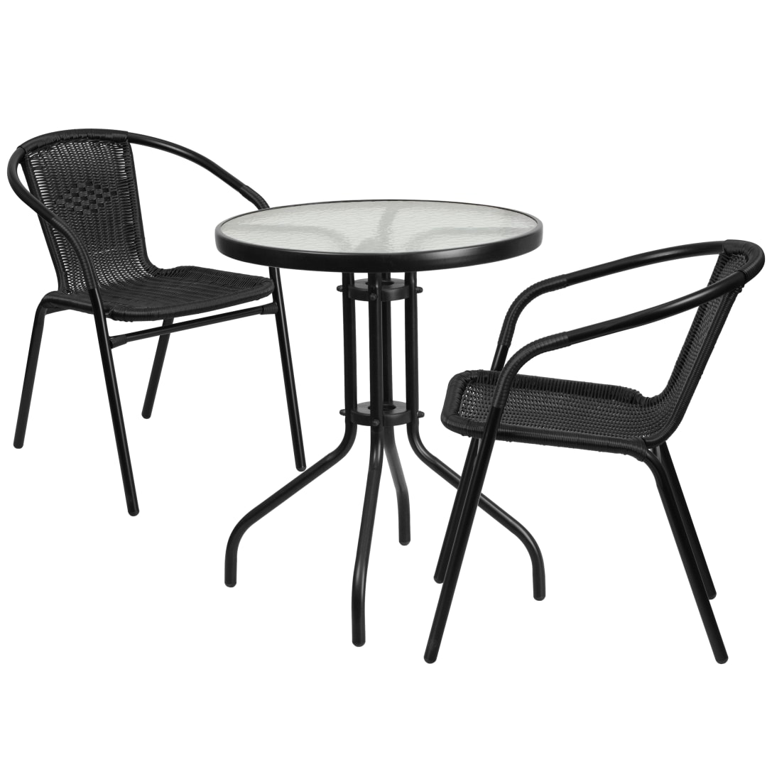 Lila 23.75'' Round Glass Metal Table with 2 Black Rattan Stack Chairs