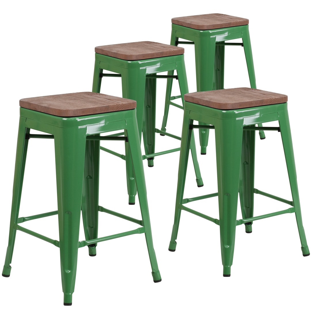 Lily 4 Pk. 24" High Backless Green Metal Counter Height Stool with Square Wood Seat