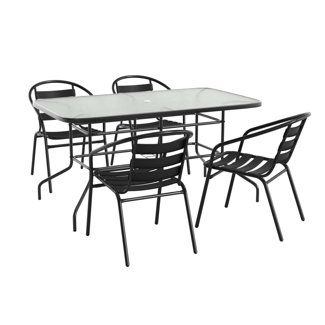 Lila 5 Piece Patio Dining Set - 55" Tempered Glass Patio Table with Umbrella Hole - 4 Black Metal Aluminum Slat Stack Chairs