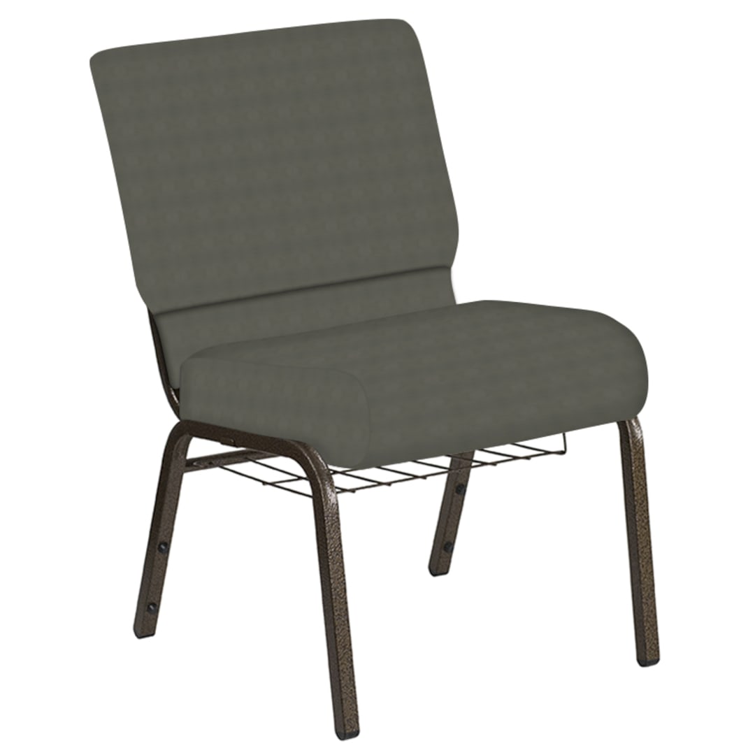 Embroidered 21''W Church Chair in Harmony Gray Fabric with Book Rack - Gold Vein Frame