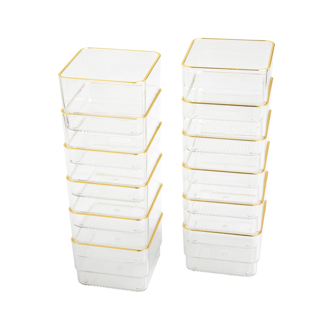Kerry 12 Pack Plastic Stackable Office Desk Drawer Organizers with Gold Trim, 3" x 3"