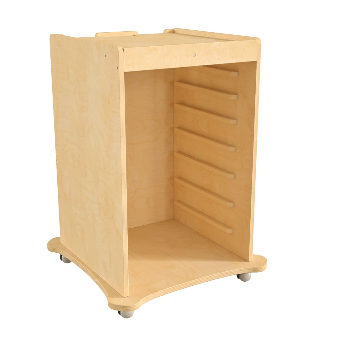 Bright Beginnings Commercial Space Saving Wooden Mobile STEAM Wall Accessory Board Storage Cart, Locking Caster Wheels, Kid Friendly Design, Natural
