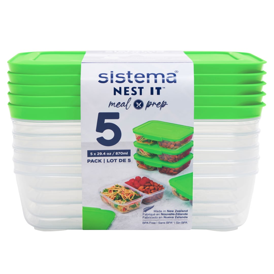 Sistema NEST IT recipientes para guardar comidas preparadas | 870 ml | Recipientes herméticos para guardar alimentos con compartimentos y tapa | Sin plástico BPA | Verde | 5 unidades
