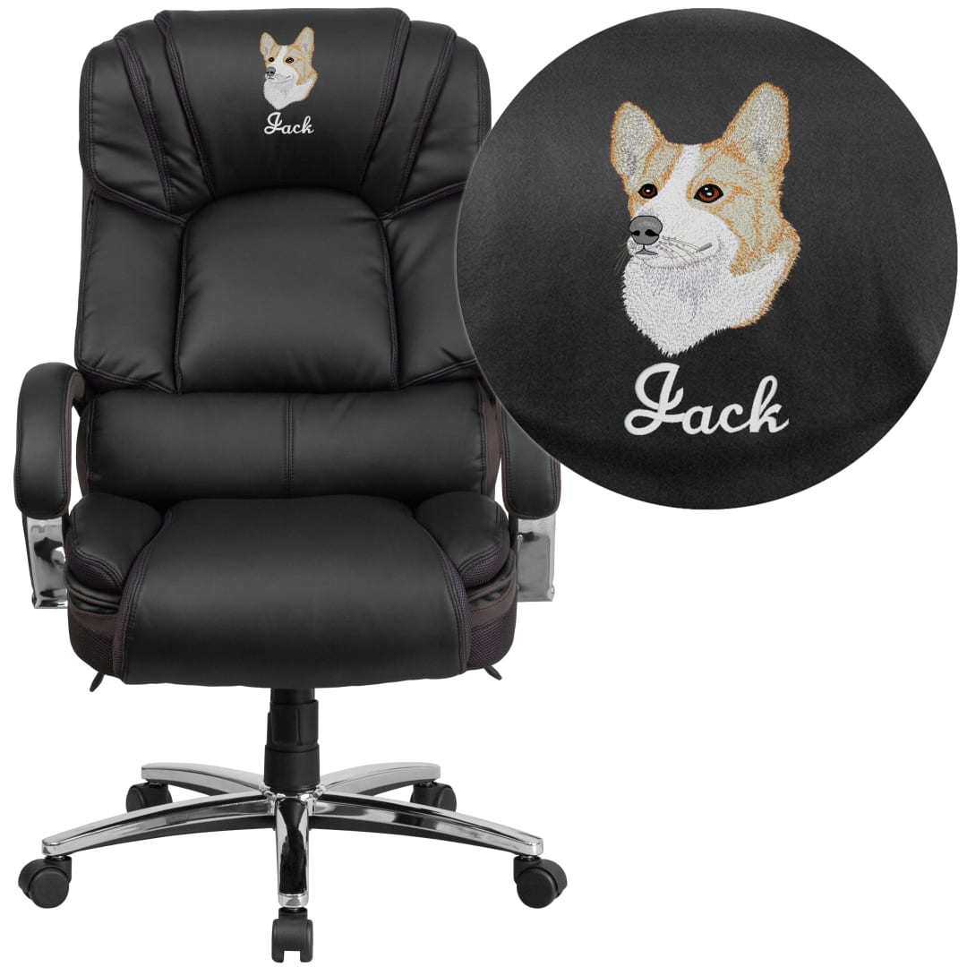 Embroidered HERCULES Series Big &amp; Tall 500 lb. Rated Black LeatherSoft Ergonomic Office Chair with Chrome Base and Arms