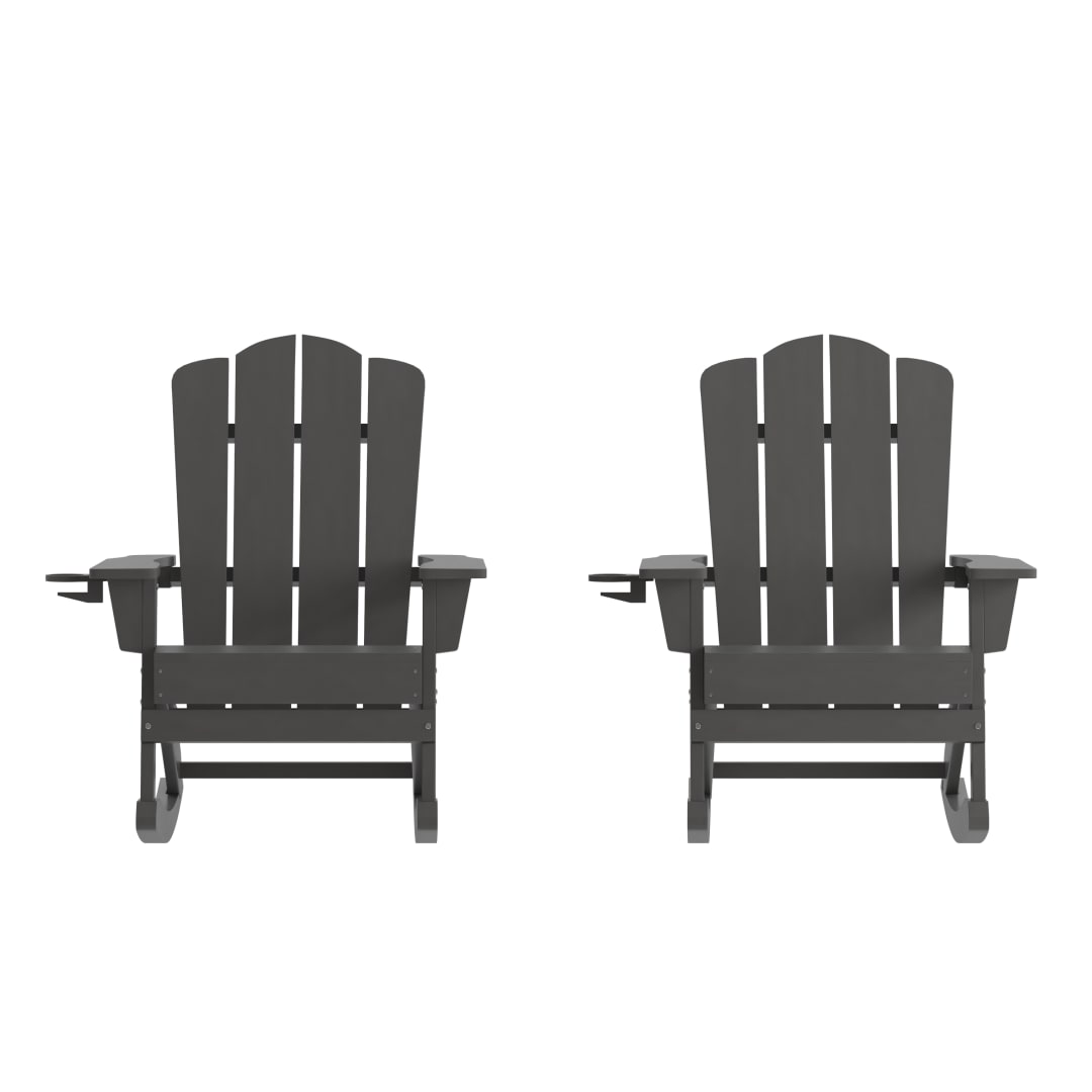 Newport Adirondack Rocking Chair with Cup Holder, Weather Resistant HDPE Adirondack Rocking Chair in Gray, Set of 2