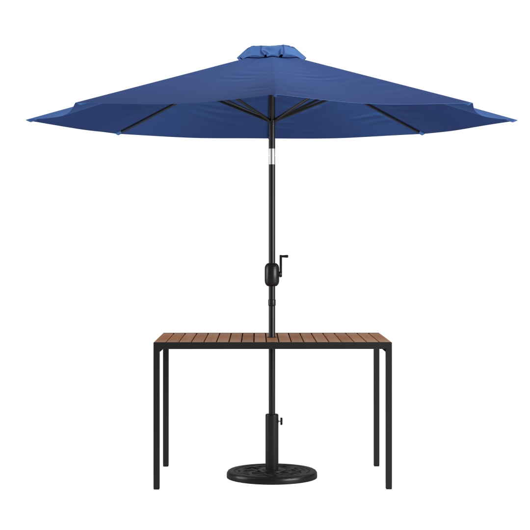 Lark 3 Piece Outdoor Patio Table Set - 30" x 48" Synthetic Teak Patio Table with Navy Umbrella and Base