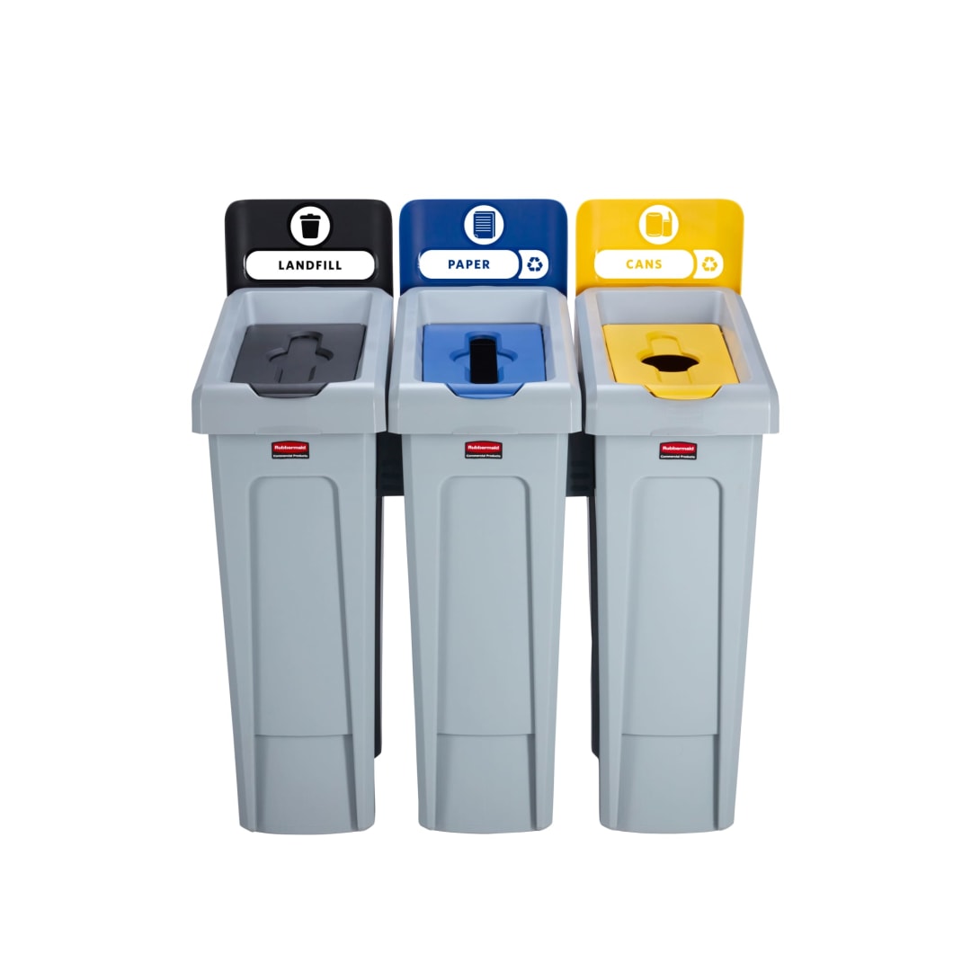 Rubbermaid Commercial Products Slim Jim® Recycling Station Kit, SJRS Bundle 3 Stream - Landfill (black)/ paper (blue)/ Plastic (yellow)