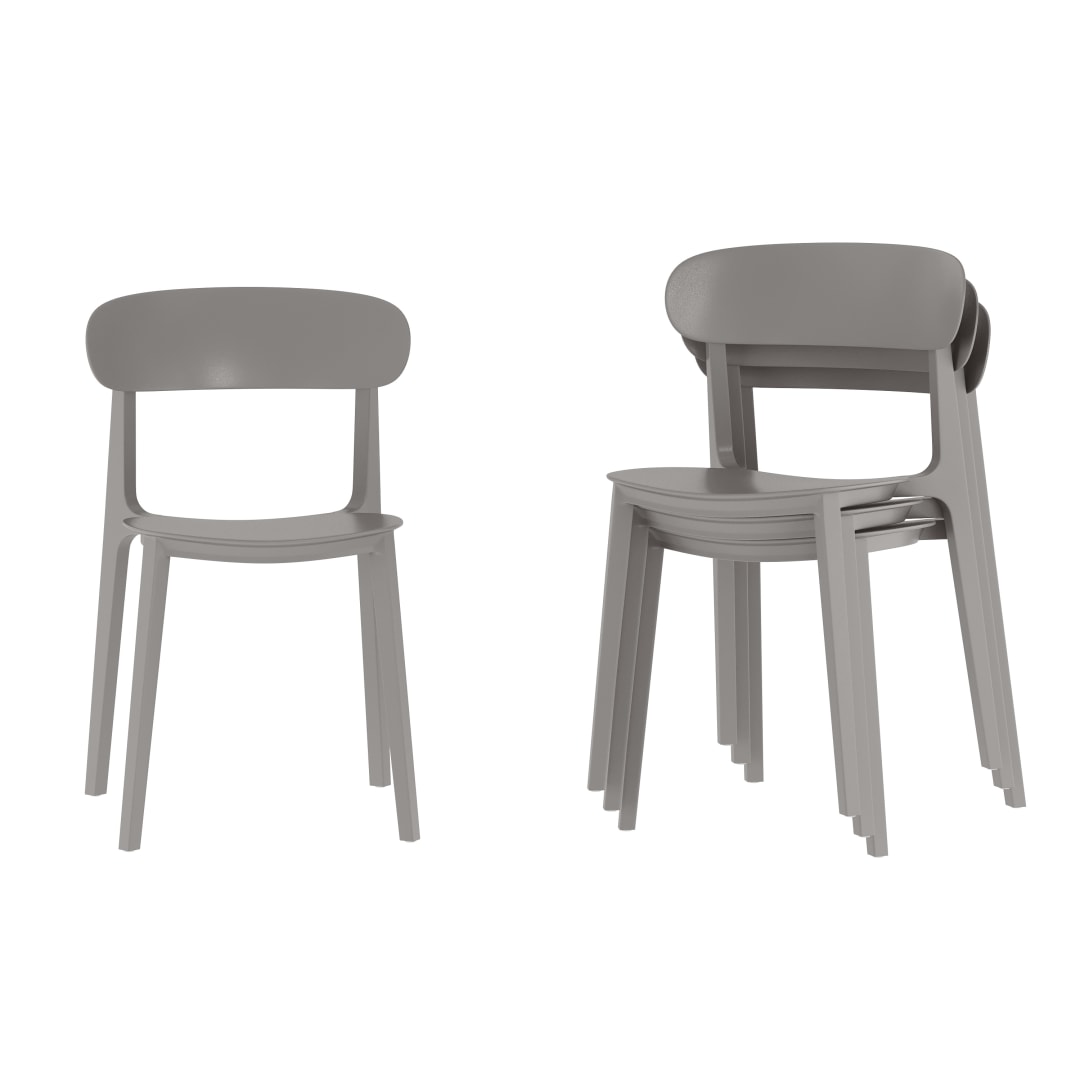 Dover Set of 4 Indoor-Outdoor Stacking Patio Chairs with Curved Backrests, Commercial All-Weather Resin Chairs in Gray