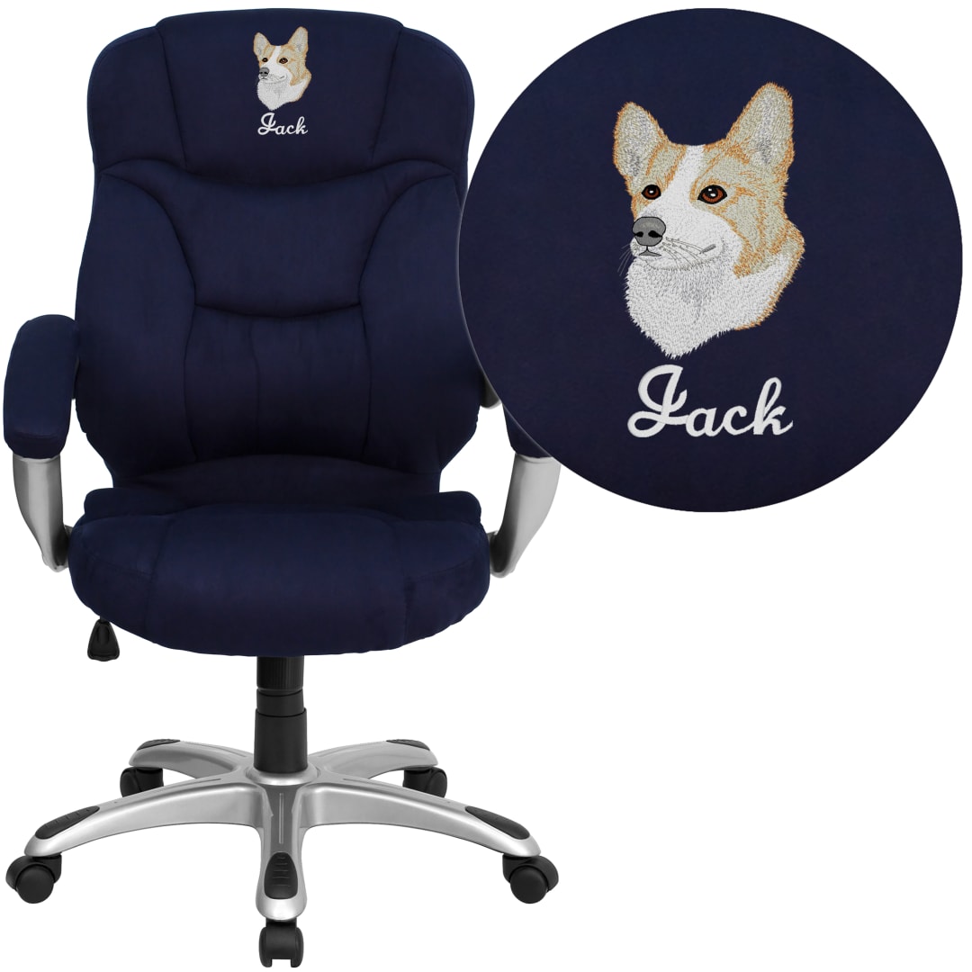 Jessie Embroidered High Back Navy Blue Microfiber Contemporary Executive Swivel Ergonomic Office Chair with Arms