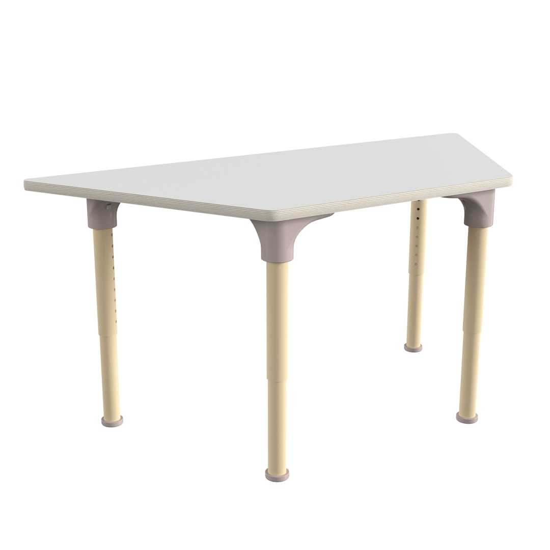 Bright Beginnings 47" Commercial Grade Wooden Trapezoid Adjustable Height Classroom Activity Table - Metal Legs Adjust From 15"H - 23"H, Beech/White