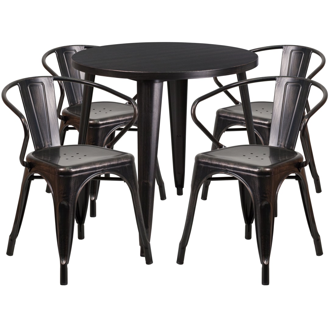 Cory Commercial Grade 30" Round Black-Antique Gold Metal Indoor-Outdoor Table Set with 4 Arm Chairs