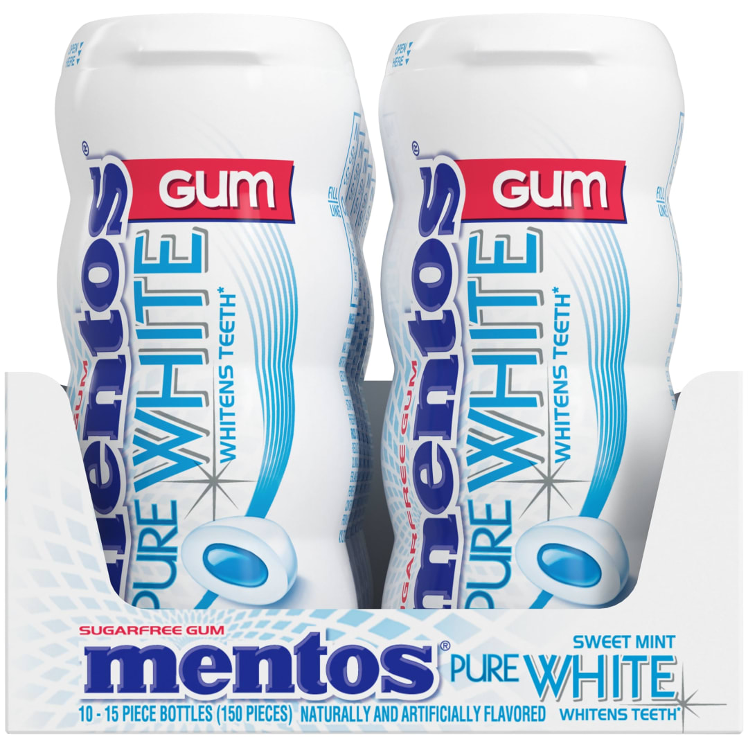 Mentos Gum Pure White Sugar Free Chewing Gum Sweet Mint 15 pc Pocket Bottles - 10 Pack