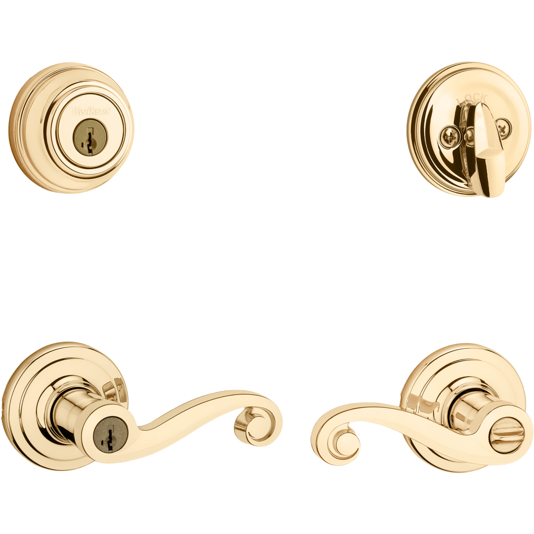 991 Lido Keyed Entry Lever and Single Cylinder Deadbolt Combo Pack featuring SmartKey Security™ in Polished Brass