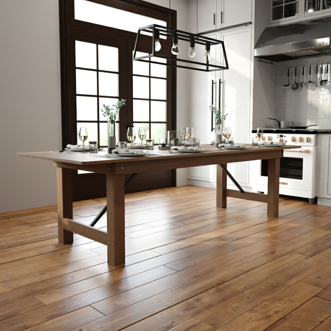 HERCULES Series 9' x 40" Rectangular Antique Rustic Solid Pine Folding Farm Table