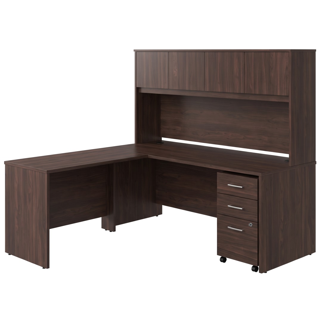 Cornerstone 71"W x 71"D Executive L-Desk with Hutch and 3-Drawer Mobile Pedestal, Espresso