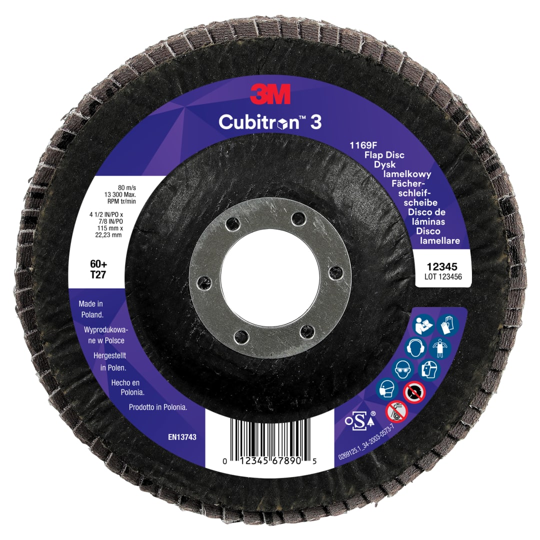 3M™ Cubitron™ 3 Flap Disc 1169F, 60+, T27, 115 mm x 22.23 mm, 10/Pack, 100 ea/Case