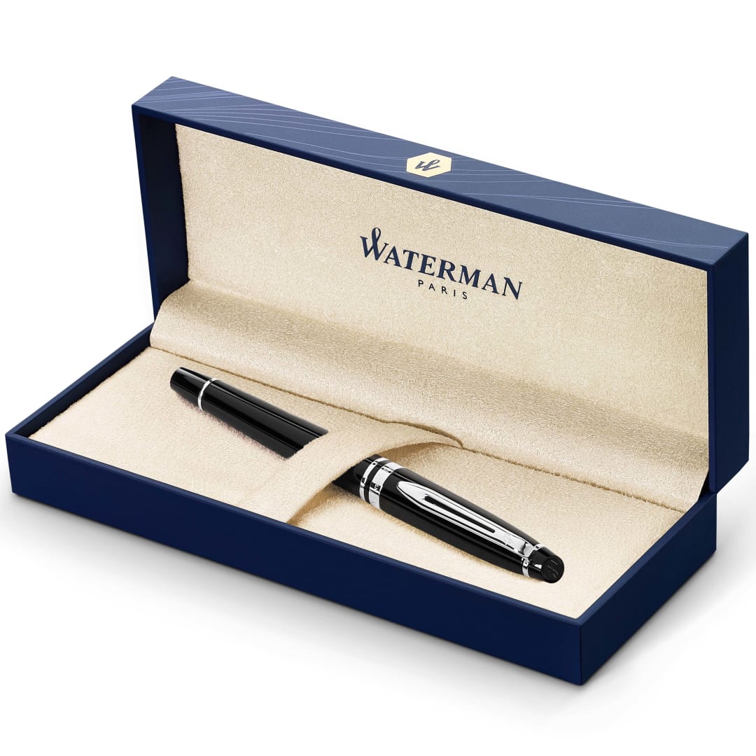 Waterman Expert Fountain Pen, Gloss Black with Chrome Trim, Medium Nib, Gift Box