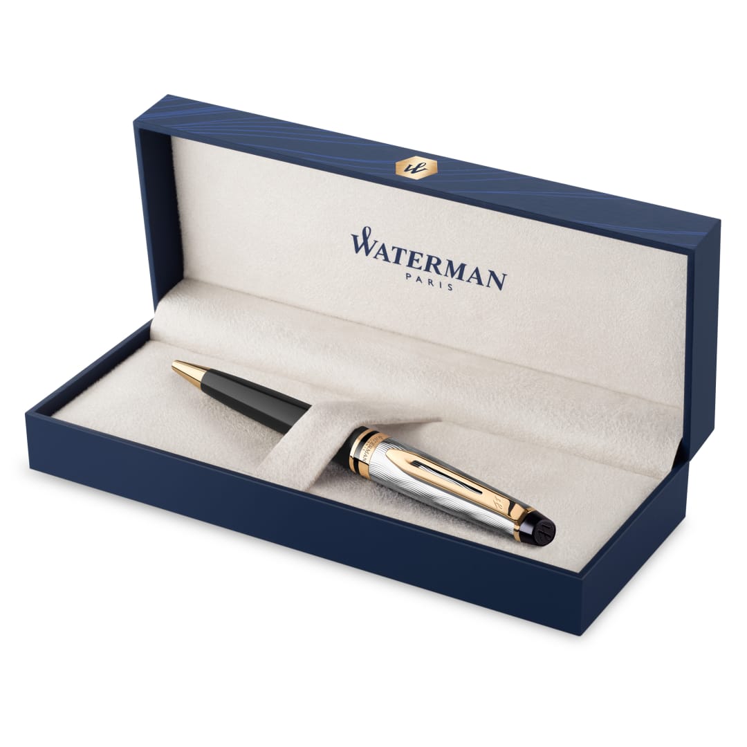 Waterman Expert Bolígrafo | Metal y laca negra con detalles dorados y capuchón grabado | Punta media | Tinta azul | Caja de regalo