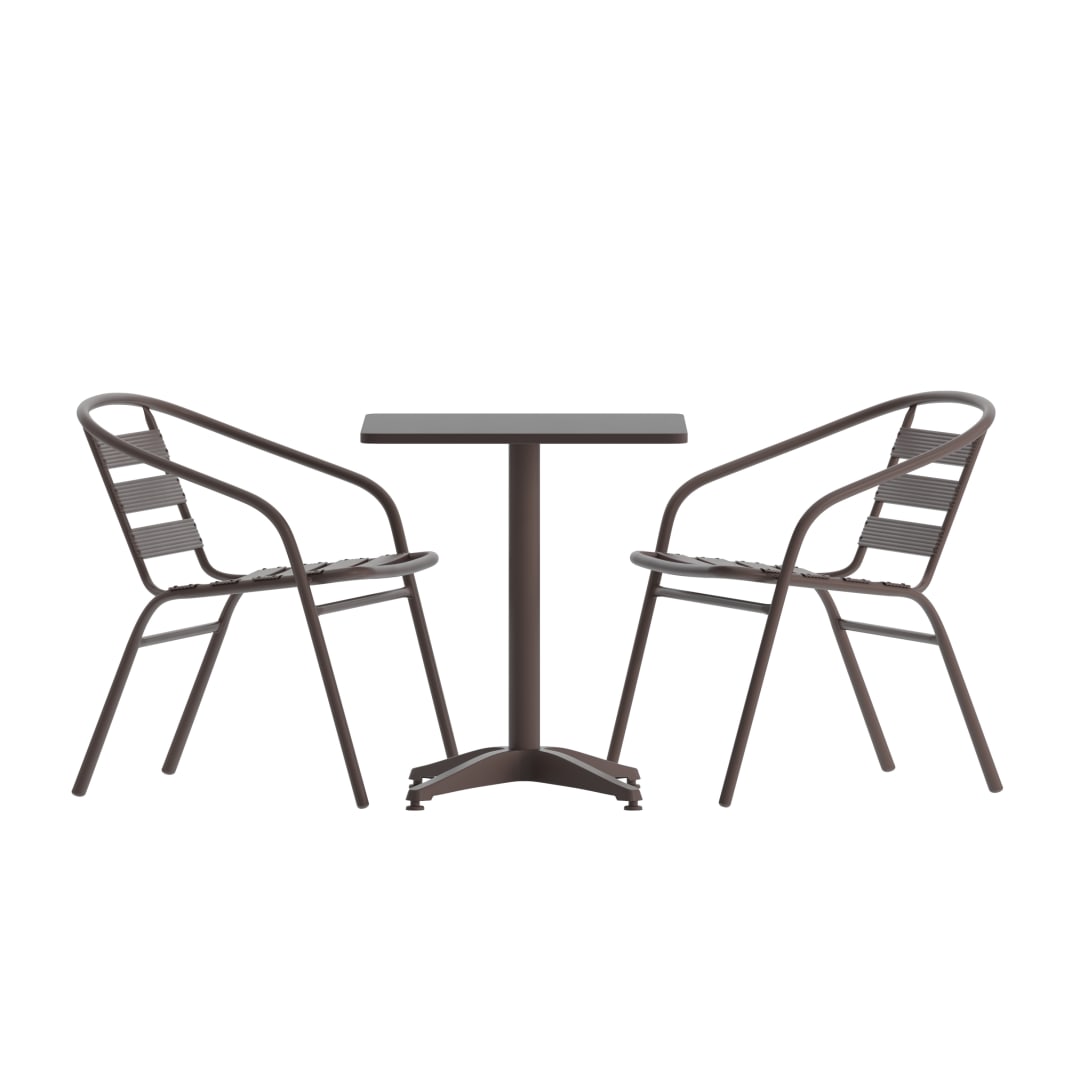 Lila 27.5'' Bronze Square Aluminum Indoor-Outdoor Table Set with 2 Bronze Slat Back Chairs
