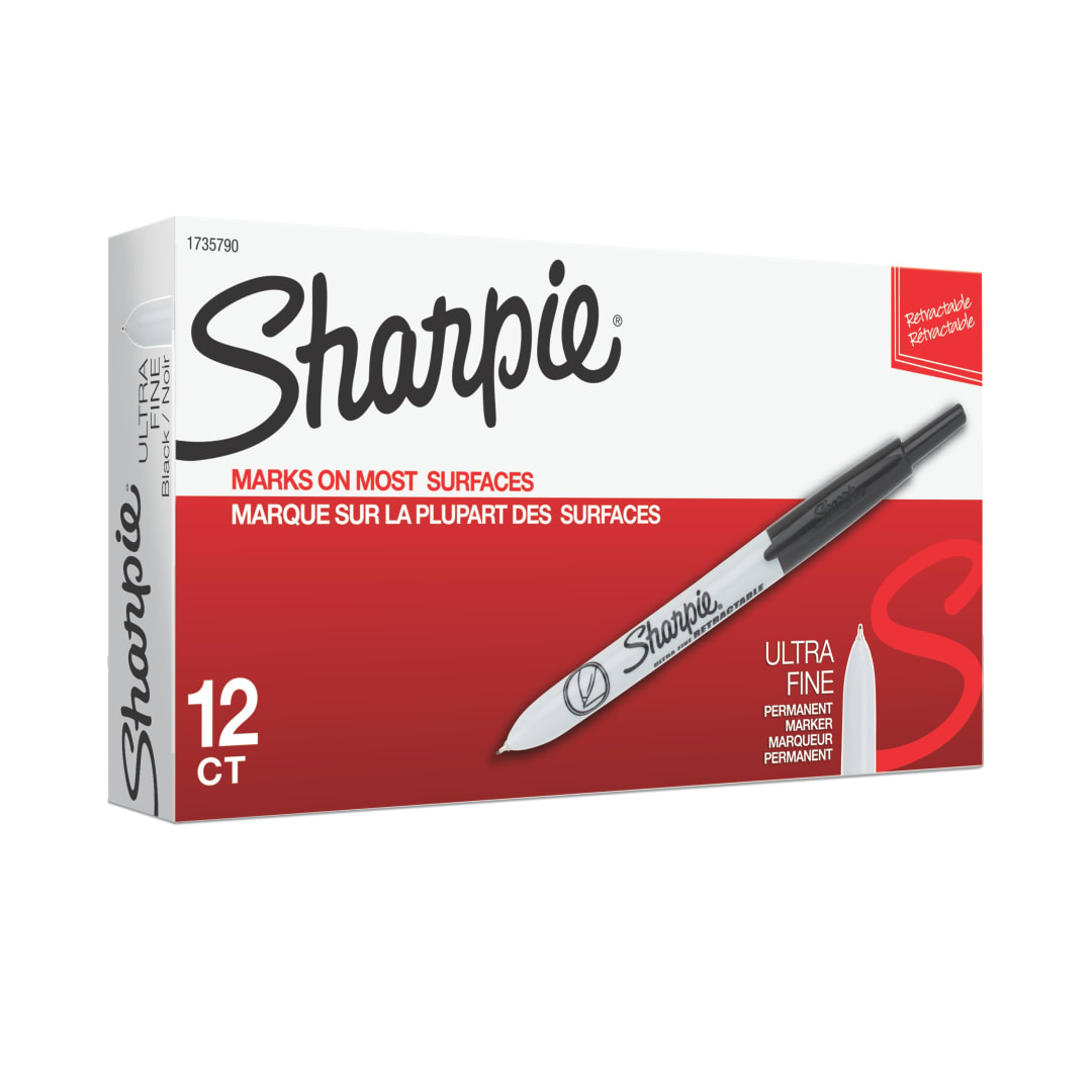 Sharpie® Retractable Permanent Markers, Ultra Fine Point, Black, 12 Count