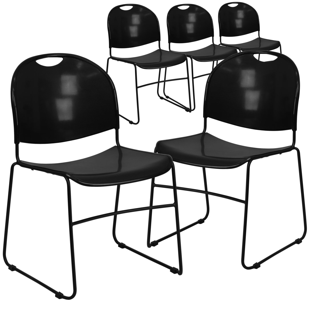5 Pack HERCULES Series 880 lb. Capacity Black Ultra-Compact Stack Chair with Black Powder Coated Frame