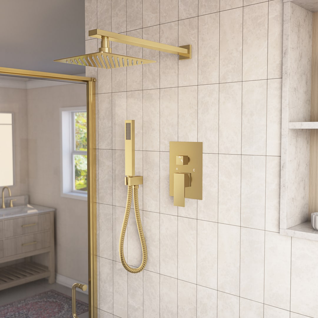 Essence Rainfall Shower Set with Shower Valve, Shower Head, Shower Arm, Handshower Holder, Handshower,and Hose, Brushed Brass