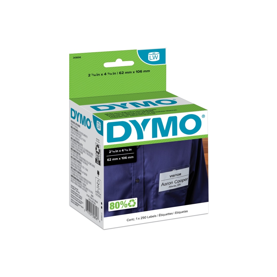 DYMO® Authentic LW Non-Adhesive Name Badge Labels for LabelWriter™ Label Printers, White, 2-7/16" x 4-3/16", 1 Roll of 250