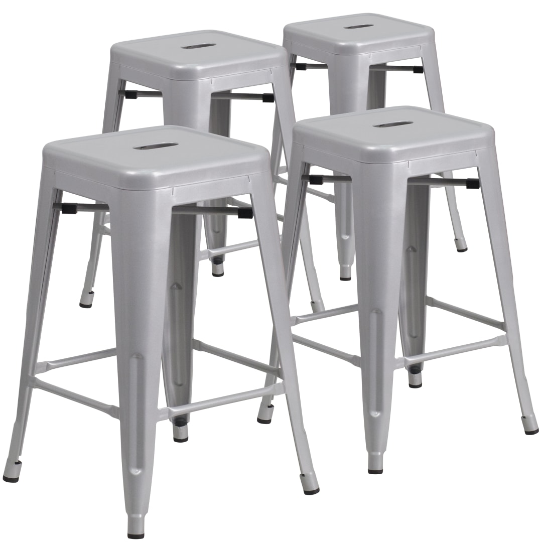 Lily 4 Pack Commercial Grade 24" High Backless Silver Metal Indoor-Outdoor Counter Height Stool with Square Seat