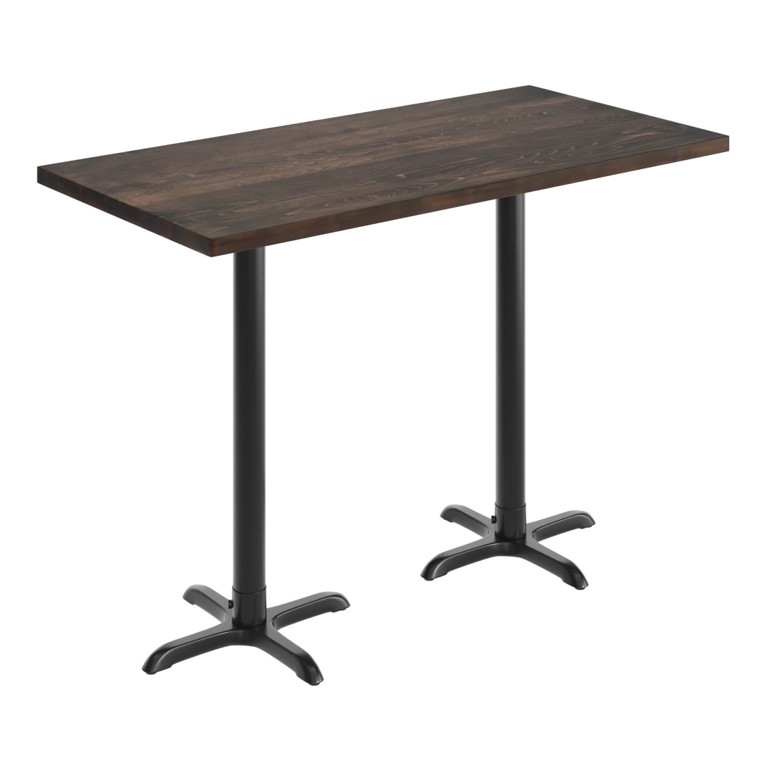 Bennett 30" x 60" Solid Wood Commercial Indoor Tabletop in Dark Brown with 22" x 22" Bar Height Rust-Resistant Black Cast Iron X-Base