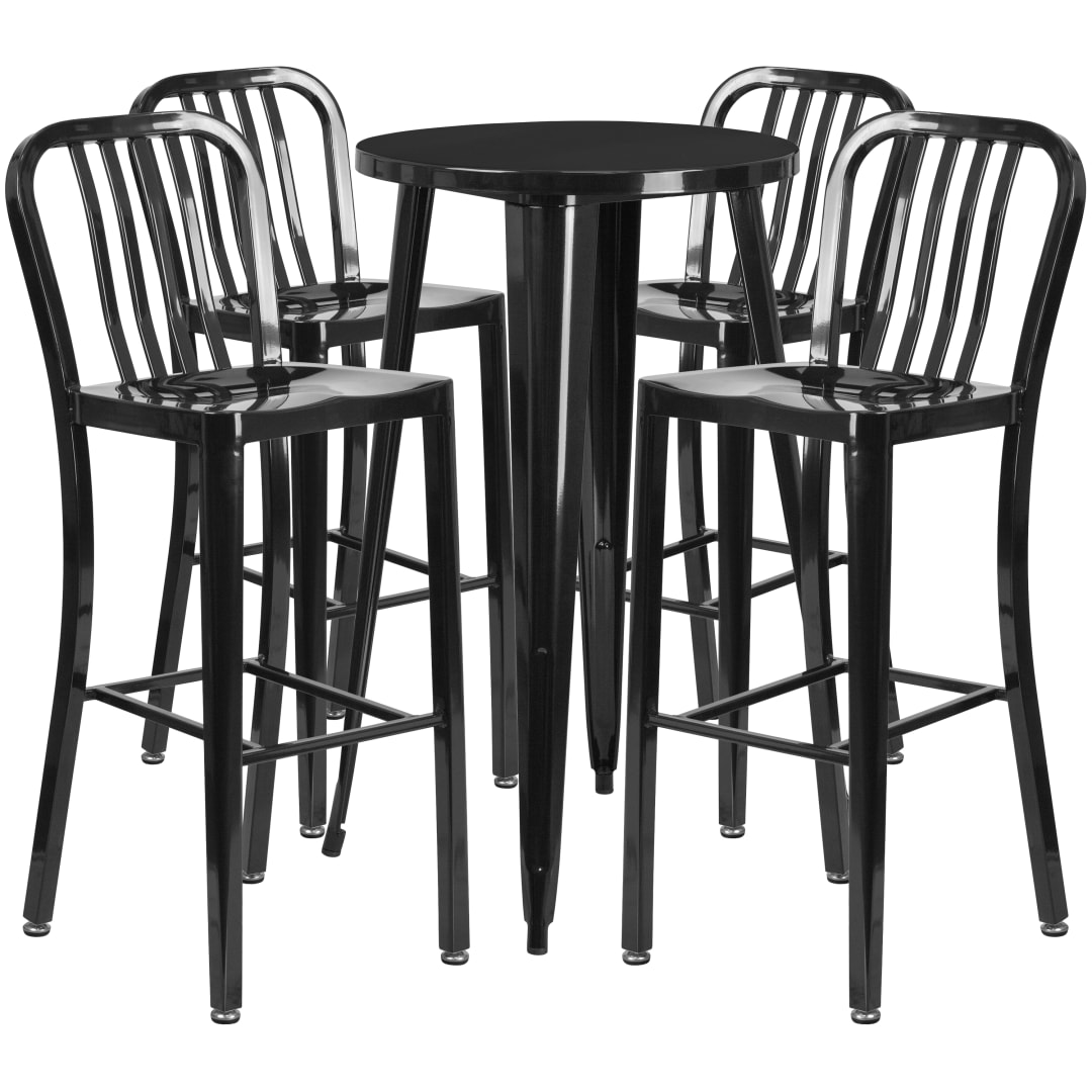 Richard Commercial Grade 24" Round Black Metal Indoor-Outdoor Bar Table Set with 4 Vertical Slat Back Stools