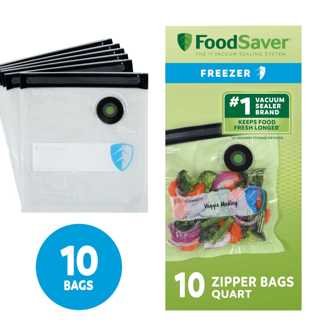 FoodSaver Reusable Quart Vacuum Zipper Bags, 10 Count BPA-Free Storage Bags for Food, Sous Vide, and Meal Prep, Compatible with Handheld Sealers