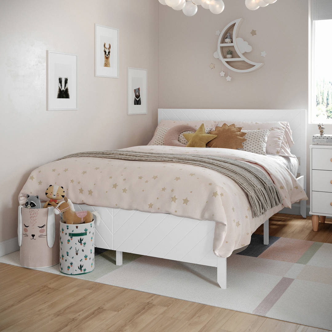 Nellie Full Platform Bed Frame with Chevron Detailed Panel Headboard and Footboard and Wood Slat Foundation with No Box Spring Required in White