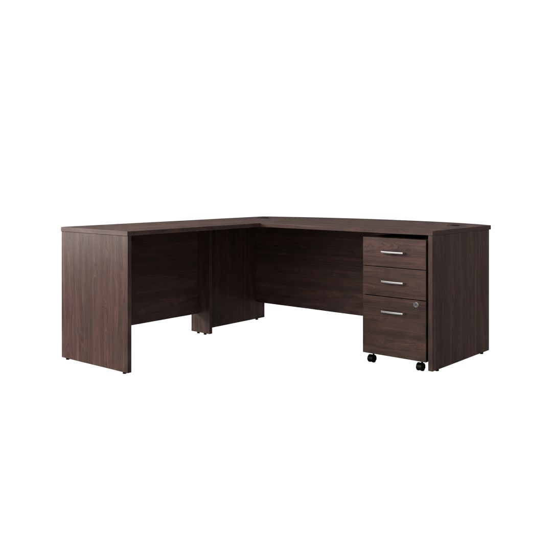 Cornerstone 71"W x 77"D Executive Bow Front L-Desk with 3-Drawer Mobile Pedestal, Espresso