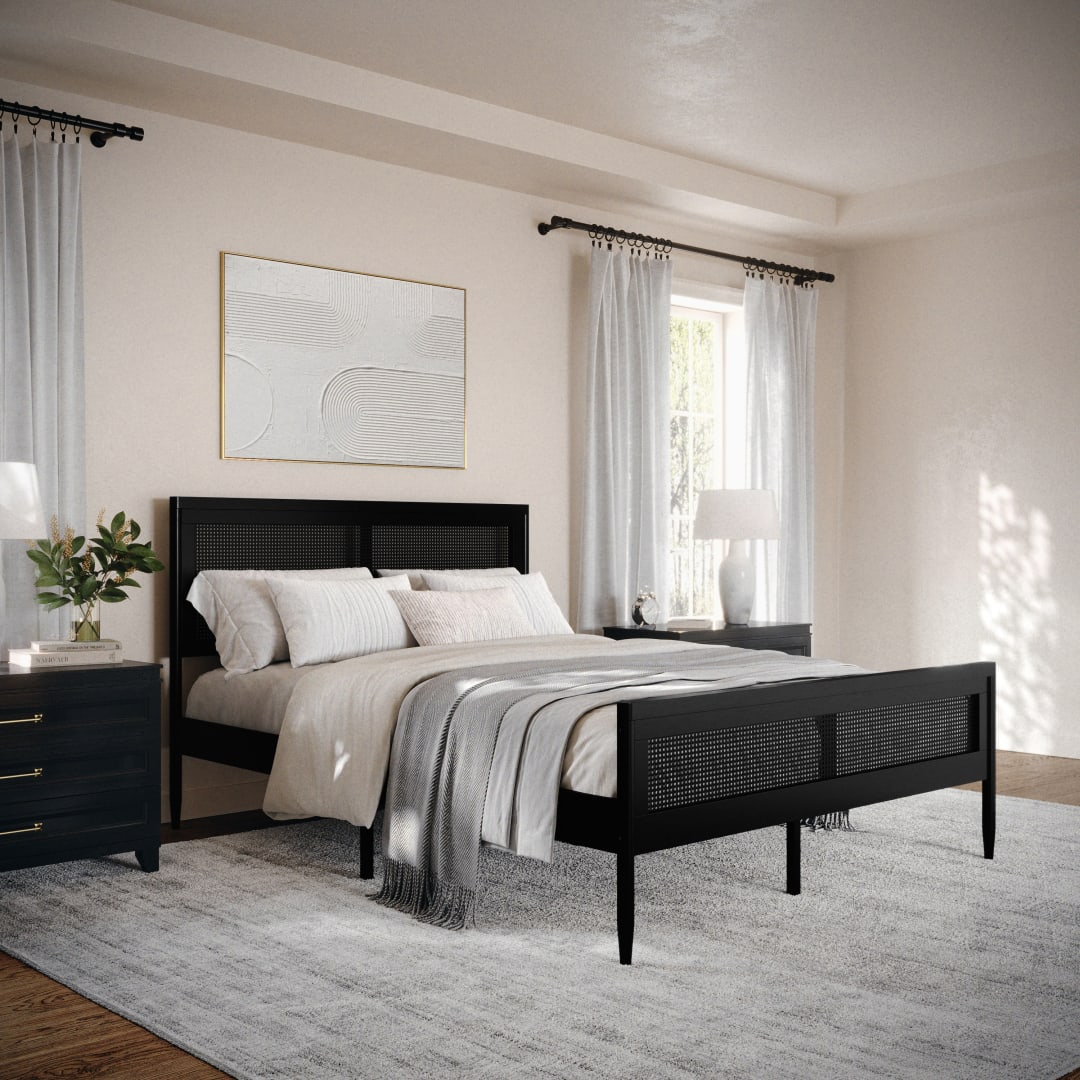 Jax Queen Size Solid Wood Platform Bed with Rattan Headboard and Footboard, No Box Spring Required, Black