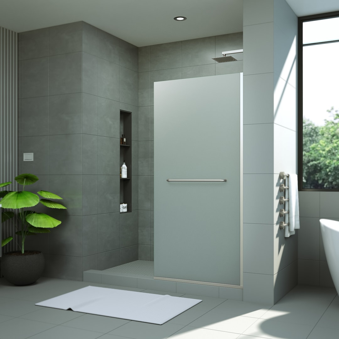 DreamLine Linea 34 inch W x 72 inch H Frameless Frosted Shower Screen in Brushed Nickel with Towel Bar