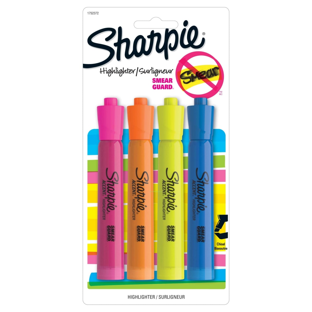 Sharpie® Tank Style Highlighters, Chisel Tip, Assorted, 4 Count