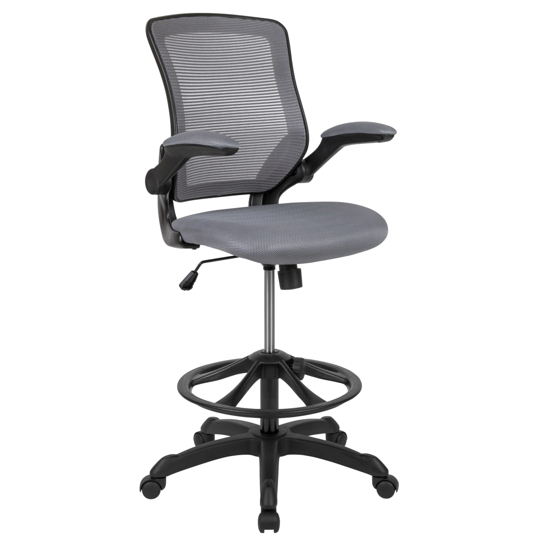 Kale Mid-Back Dark Gray Mesh Ergonomic Drafting Chair with Adjustable Foot Ring and Flip-Up Arms