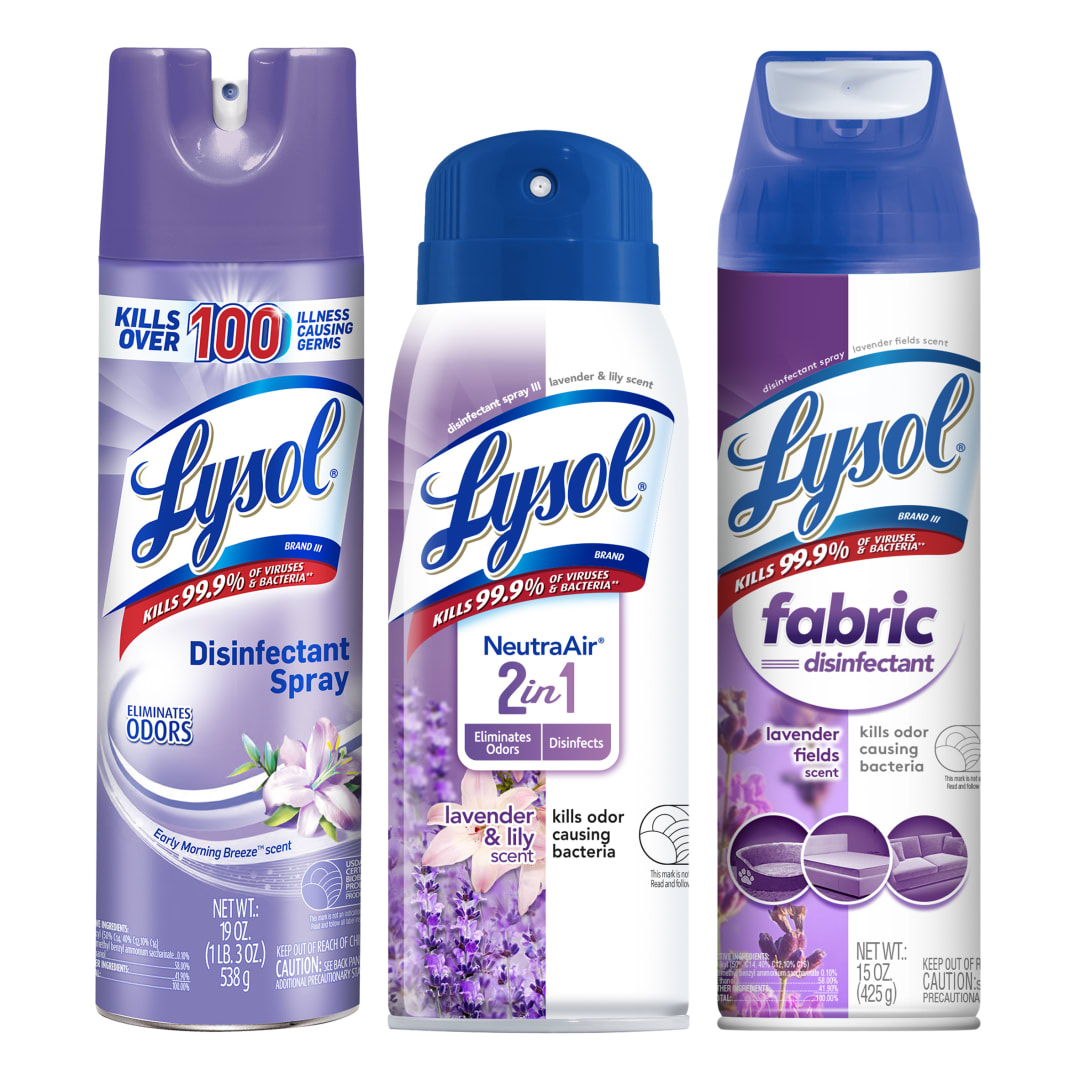 LYSOL® Disinfectant Spray - 1 Early Morning Breeze™ + Fabric Disinfectant - 1 Lavender Fields + Disinfectant Spray - NeutraAir™ - 1 Lavender & Lily - 4/(1x19)+(1x15)+(1x10) oz.